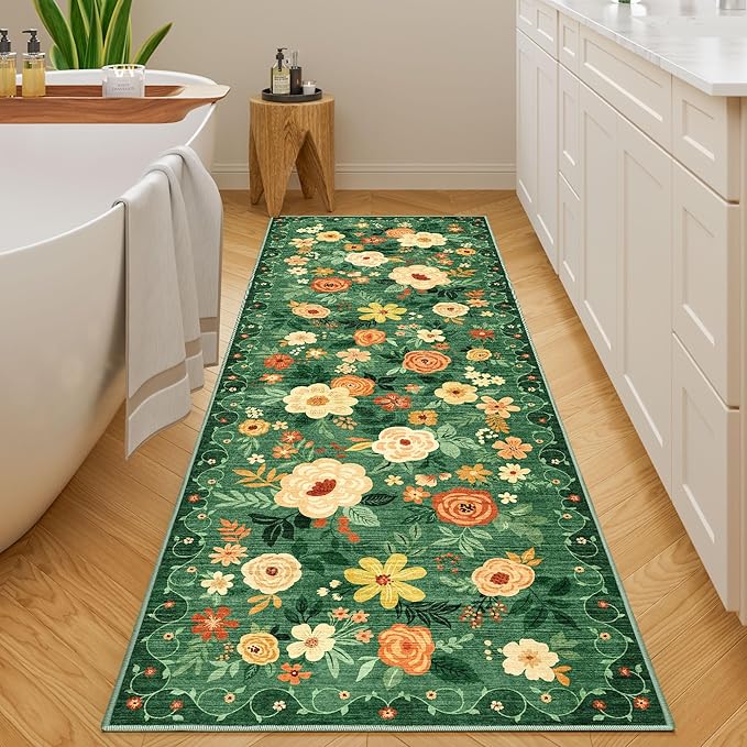 DUKINO Runner Rug, 2x10 Kitchen Hallway Carpet, Washable with Non-Slip Backing, Low Pile Soft Boho Floral for Entryway, Laundry, Bedroom, Dark Green