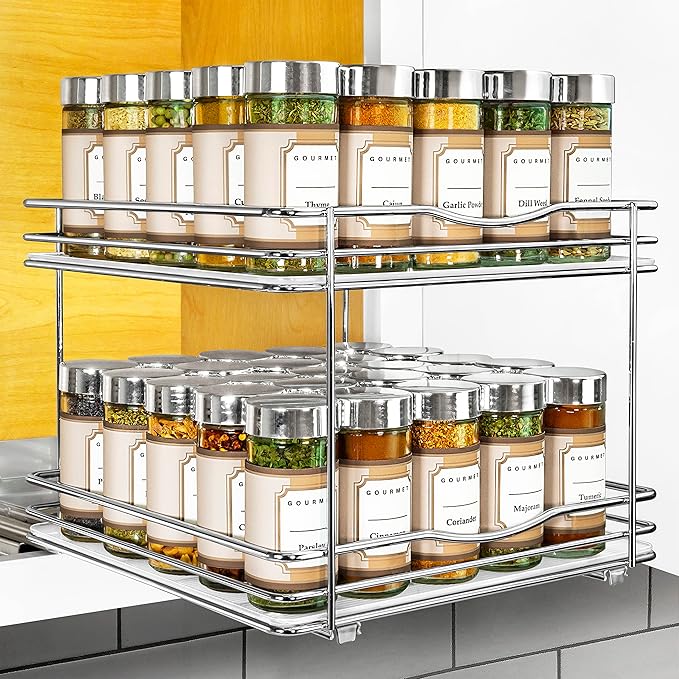 LYNK PROFESSIONAL® Pull Out Spice Rack Organizer for Inside Kitchen Cabinets - 10-1/4 inch Wide - Slide Out Drawer – Chrome Sliding Spice Cabinet Organization Shelf Racks - 2 Tier