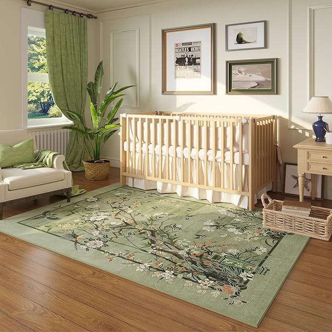 4x6 Rug Chinoiserie-Style Floral Vintage Washable Area Rugs Non Slip Low Pile Small Carpet for Bedroom, Bedside, Kids Room, Office, Dining Room, Green