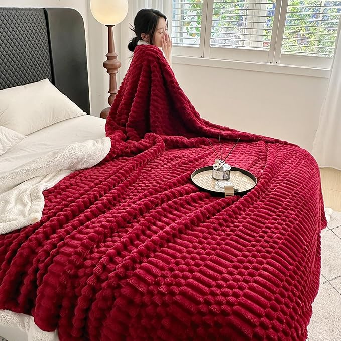 UKELER Sherpa Throw Blanket 60 × 80 inch, 470 GSM Striped Sherpa Fleece Blanket for All Season, Warm and Cozy Blankets for Couch Sofa Bed Office Camping, Red