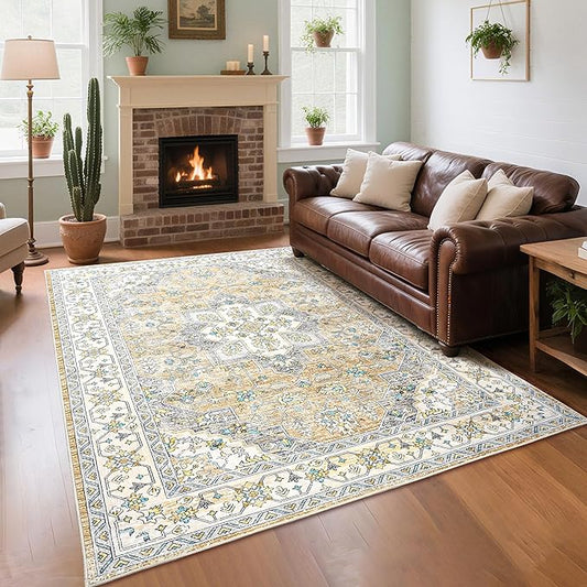 Vintage Area Rug 5x7 Rugs, Machine Washable Rug Non-Slip Low Pile Rug for Living Room, Bedroom, Farmhouse, Dining Room, Beige