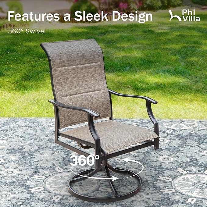 PHI VILLA 7 Piece Outdoor Patio Dining Set with 6 Padded High Back Patio Swivel Chairs & 1 Large 54" Round Dining Table, All Weather Patio Table and Chairs for Lawn Deck Garden