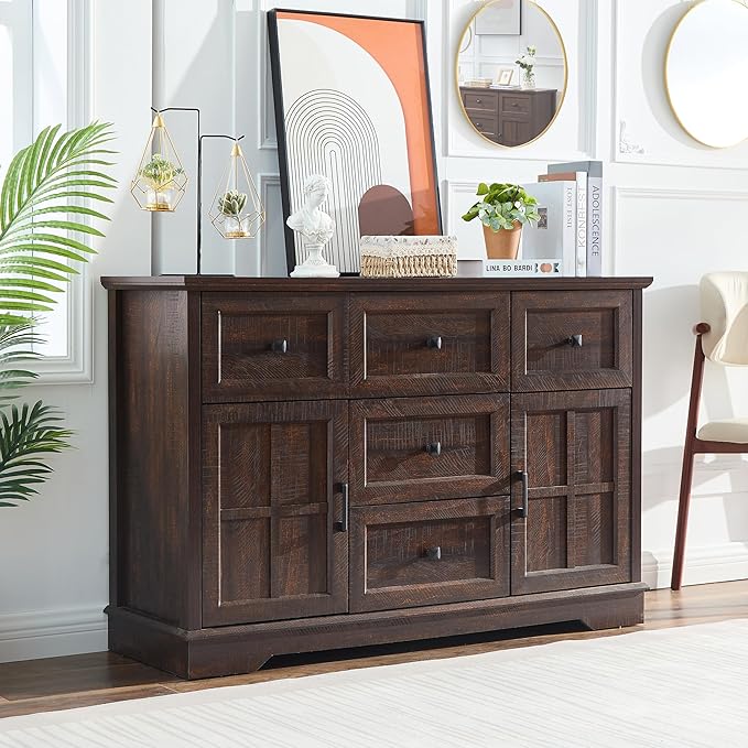 5+2 Cherry Dresser for Bedroom, Chest of Drawers for Bedroom with Wooden Drawers and Cross Doors, Wood Dressers Storage TV Stand for Bedroom, Living Room