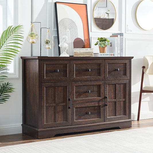 5+2 Dresser for Bedroom, Cherry Dressers Storage with Wooden Drawers and Cross Door, TV Stand Chest of Drawers for Bedroom, Living Room