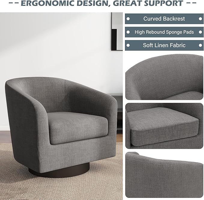 UIXE 360° Swivel Barrel Accent Chair Armchair, Modern Round Club Arm Chair in Fabric, Comfy Upholstered Living Room Single Sofa Seat - Dark Gray
