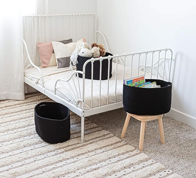 OrganiHaus Set of 3 Woven Baskets for Organizing | Cute Black Storage Basket for Toys & Cloths | Cotton Rope Basket for Decor | Shoe Basket Organizers & Storage | Decorative Storage Baskets & Bins