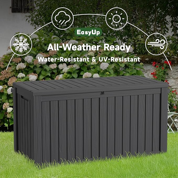 150 Gallon Outdoor Storage Box, Resin Waterproof UV-Resistant Deck Box with Hydraulic Lid Support, Reinforced Stability for Patio, Garden, and Poolside, Striped Black