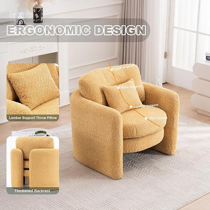Chenille Accent Armchair Oversize Upholstered Barrel Comfy Modern Round Lounge Sofa Chair with Pillow Cozy Reading Chairs for Apartment,Office,Living Room,Dining,Makeup,Club,Yellow 2SET