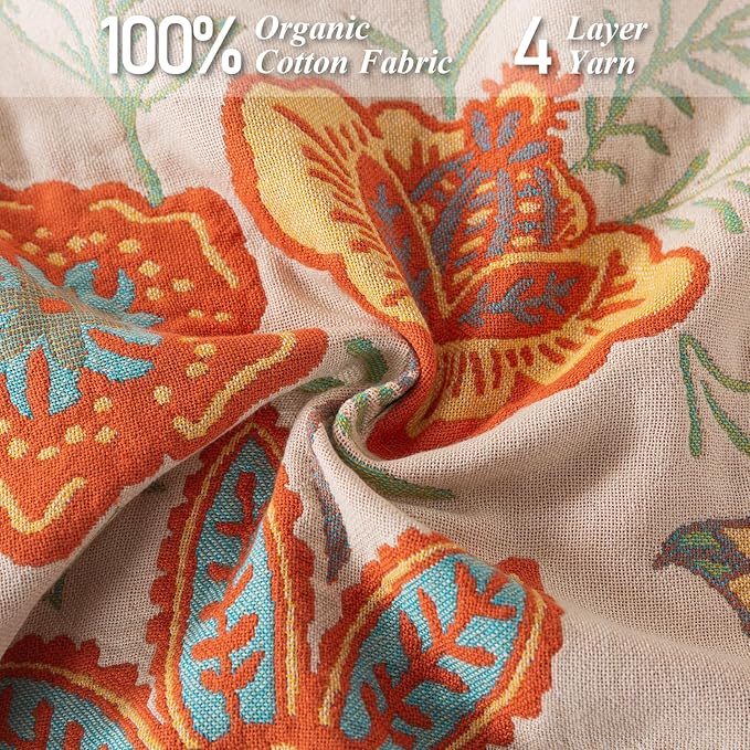Boho Throw Blanket for Bed-100% Cotton Soft Breathable Farmhouse Decor Boho Quilt for Sofa (Boho Flowers, 80"x90")