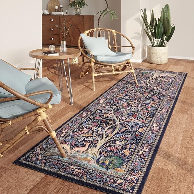 Runner Rug Vibrant Tree of Life-Patterned Vintage Kitchen Rugs Non Slip Washable Soft Carpet Runner for Laundry Bedroom Bathroom, Blue