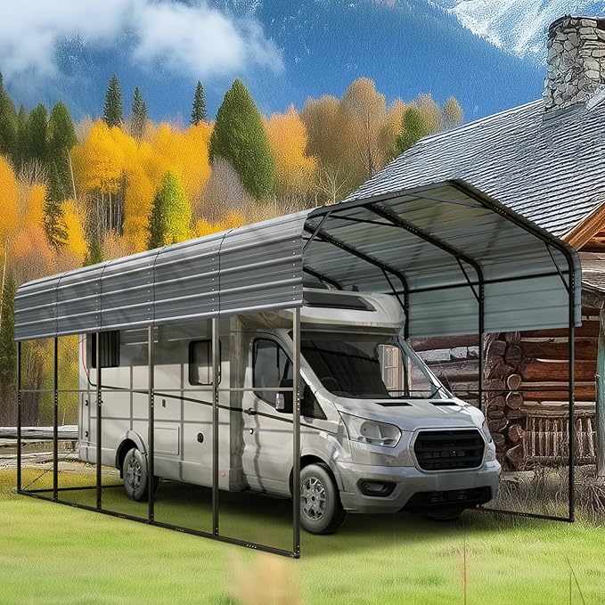 GREEN PARTY 14 x 25 ft Metal RV Carport Kits with Galvanized Steel Roof, Heavy Duty 2 Car Outdoor Car-Shed Canopy, Car Tent Metal Garage Shelter for RV, SUV, Truck, Tractors and Boats, Gray