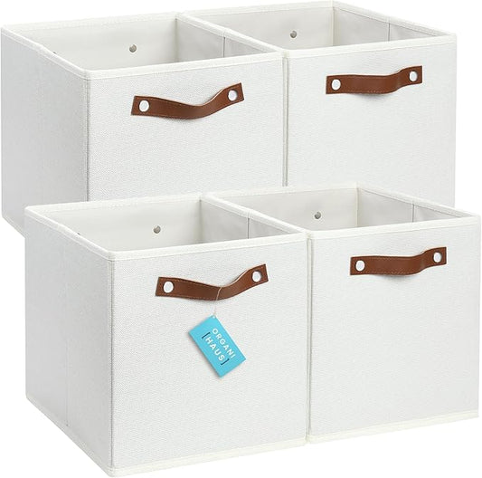 OrganiHaus 11x11 Fabric Cubes Storage Bins Set of 4, Foldable Collapsible Fabric Storage Bins for Organizer, Cubbies Organizer for Kallax, Linen Cube Shelf Baskets, Toy Organizing boxes - White