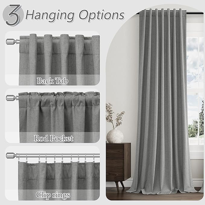 Guken 100% Blackout Linen Curtains 90 Inch Length 2 Panels Set for Living Room Bedroom Back Tab Thermal Insulated Black Out Linen Drapes Room Darkening Window Curtains,Dark Grey