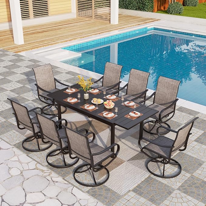 PHI VILLA 9 Pcs Outdoor Patio Dining Set for 8 Person, Extendable Large Patio Table and 8 Patio Swivel Chairs with Textilene Fabirc, Outdoor Table and Chair Set for Deck Lawn Poolside