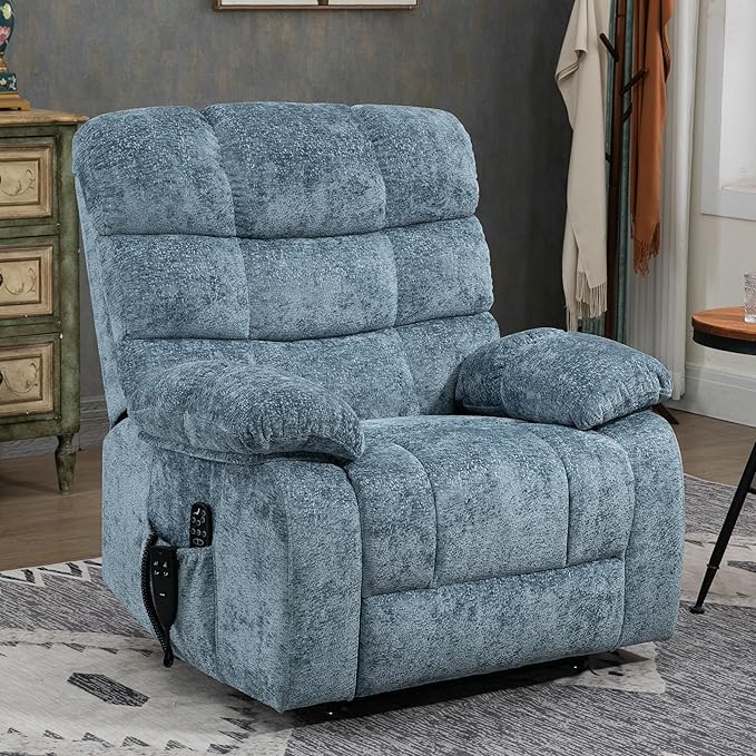 Lay Flat Recliner with Vibration Massage and Lumbar Heating, 26'' Wide Chair with Infinite Position and 2 Remote Controls, Soft Chenille Lift for Living Room, Grayish Blue