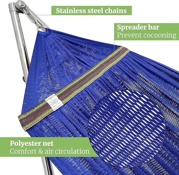 Tranquillo Double Hammock with Stand 650lb Capacity Double Hammock with Spreader Bar, Solid Grade 201 Stainless Steel 30s Set Up, Sturdy Flexible Hammock Stand Portable (Blue)