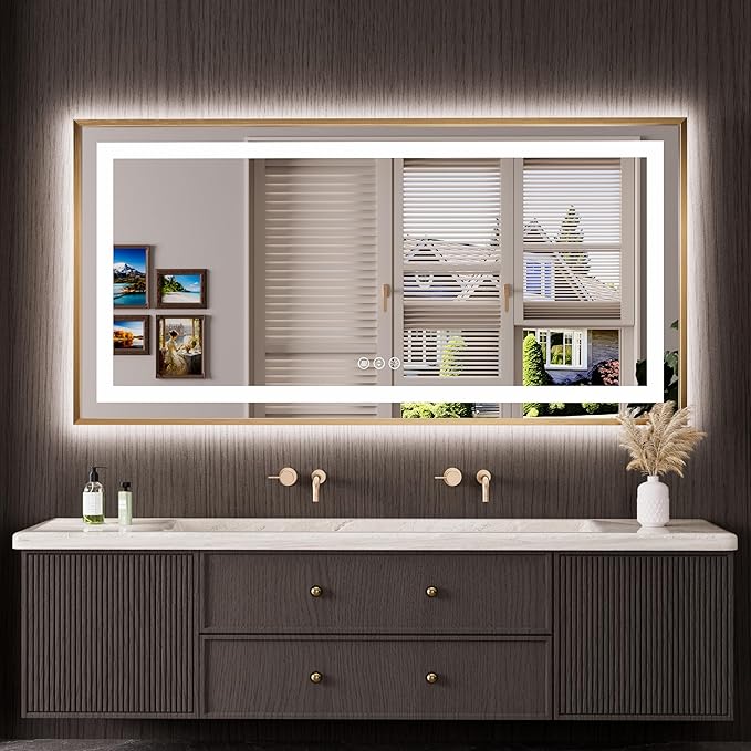 Amorho 60"X30" LED Bathroom Mirror, Gold Metal Framed Mirror with Front Light and Backlit, Stepless Dimmable, Anti-Fog, Shatter-Proof, Memory, 3 Colors