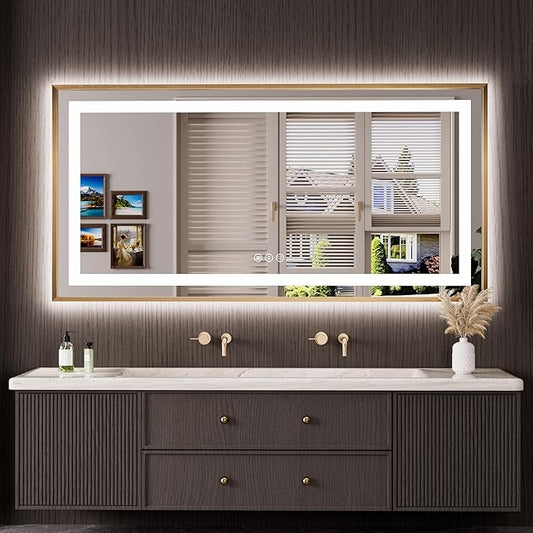 Amorho 60"X30" LED Bathroom Mirror, Gold Metal Framed Mirror with Front Light and Backlit, Stepless Dimmable, Anti-Fog, Shatter-Proof, Memory, 3 Colors