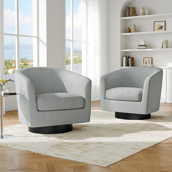 Swivel Barrel Accent Chair, Modern Round Chenille Fabric Arm Chair for Living Room, Bedroom, Comfy Club Reading Chairs for Adults（Chenille Fabric, Light Grey, Set of 1