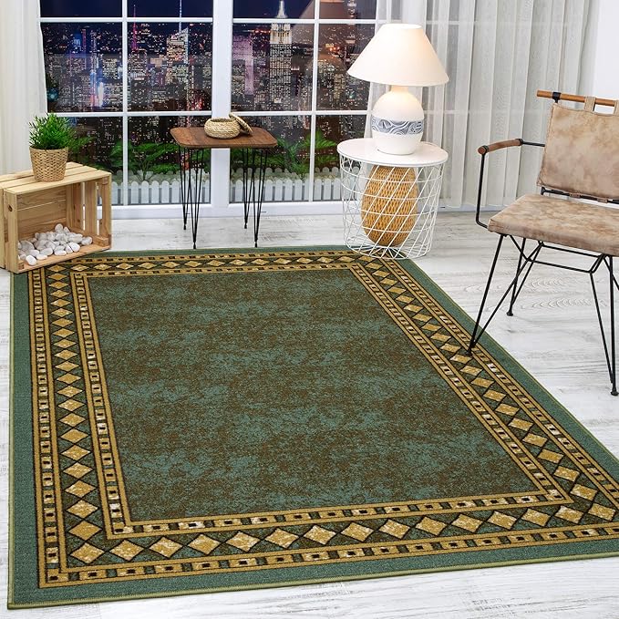 Antep Rugs Alfombras Modern Bordered 4x6 Non-Skid (Non-Slip) Low Profile Pile Rubber Backing Indoor Area Rugs (Green, 4' x 5'8")