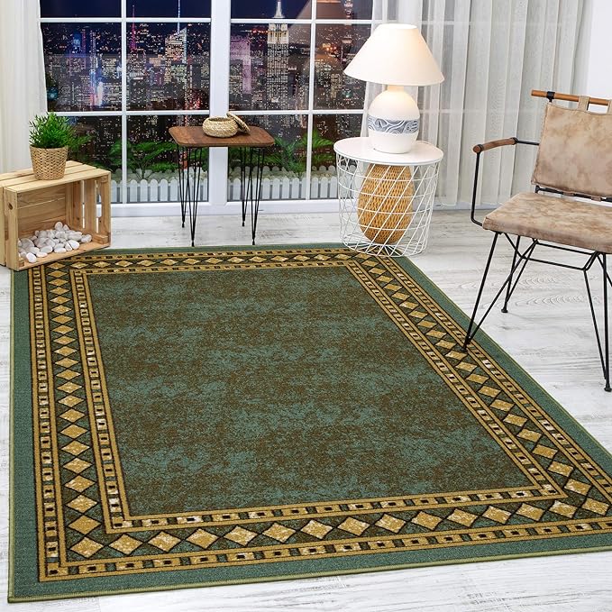 Antep Rugs Alfombras Modern Bordered 5x7 Non-Skid (Non-Slip) Low Profile Pile Rubber Backing Indoor Area Rugs (Green, 5' x 7')
