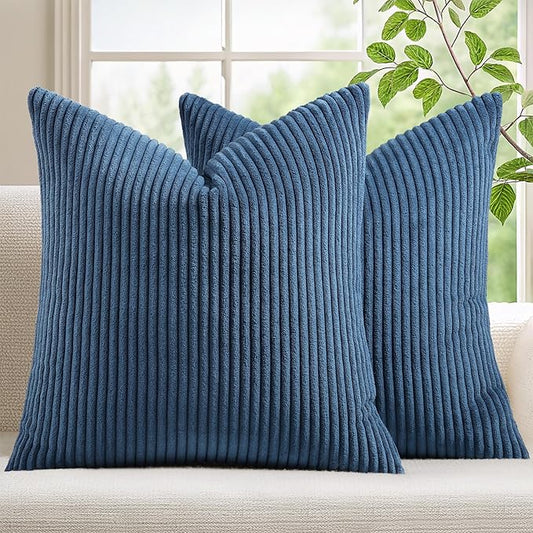 Mecatny Corduroy Decorative Throw Pillow Covers 24x24 Set of 2 for Sofa Living Room, Soft Neutral Boho Couch Pillow Covers for Home Decor, Navy Blue