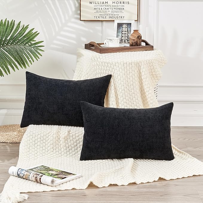 GAWAMAY Lumbar Pillow Cover Decorative Rectangle Throw Pillow Covers 12"x20" Inch Set of 2, Super Soft Chenille Pillowcase for Living Room Bedroom Sofa Couch Cushion Cover Black 30x50cm (No Insert)