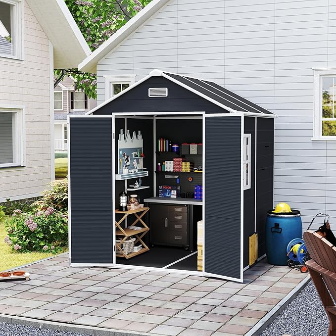 6x6 FT Outdoor Storage Resin Shed with Floor, Plastic Garden Tool Shed with Sloped Roof, Lockable Door & Windows, Easy to Assemble Bike Shed for Lawn, Backyard, Patio, Black
