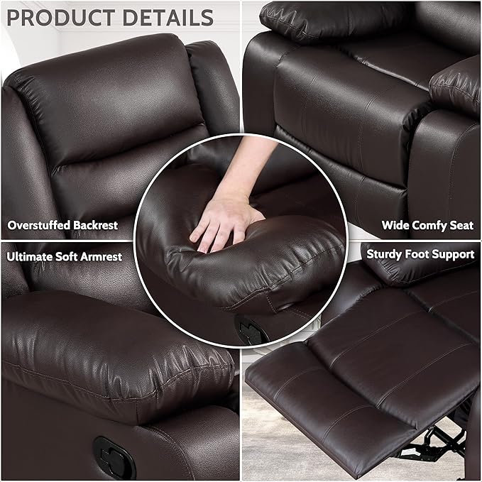 PrimeZone Oversized Rocker Recliner Chair - Comfy Wide Lazy Boy Recliner Chair with Overstuffed Armrest, Faux Leather Manual Reclining Chairs for Living Room, Bedroom, Home Theater Seating, Brown