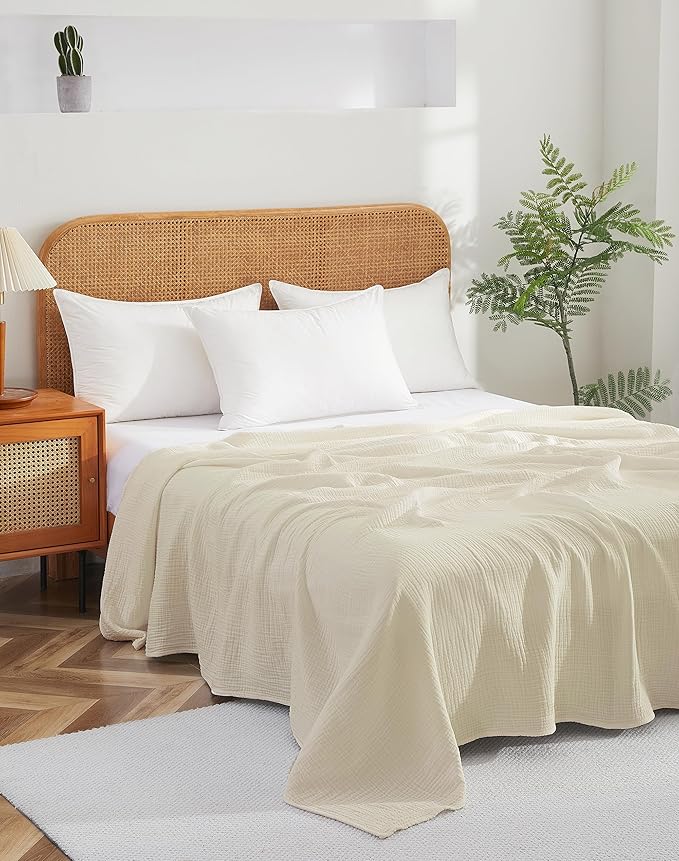 100% Cotton Muslin Throw XL Blanket (50" x 70") – A Luxuriously Soft, 4-Layer Lightweight and Breathable Gauze Blanket, Perfect for Year-Round use on beds, couches (Ivory, Throw XL)