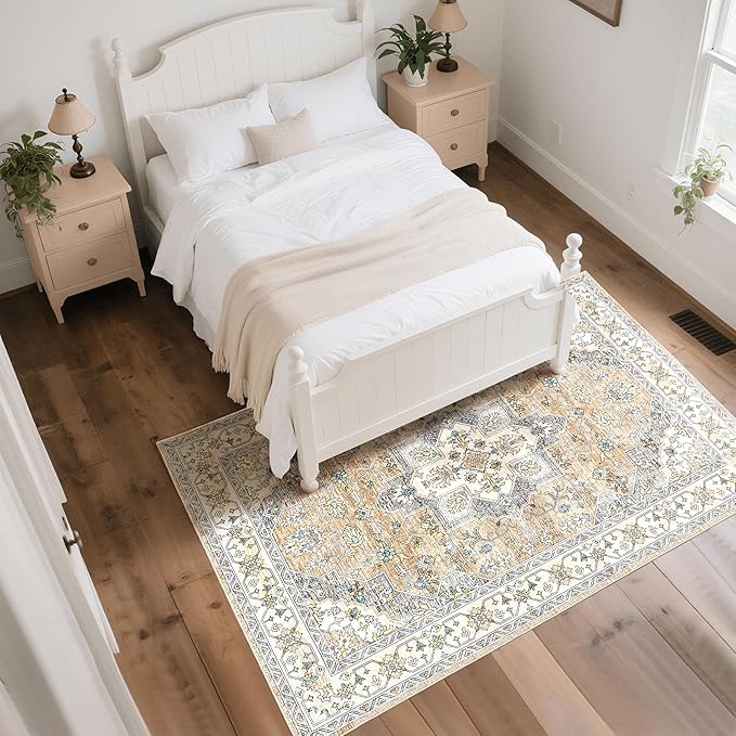 Living Room Rug 6x9 Rug, Machine Washable Area Rug Non Slip Low Pile Vintage Rug for Living Room, Bedroom, Farmhouse, Dining Room, Kids Playroom, Beige