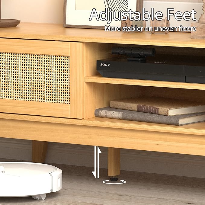 Boho TV Stand for 55 65 Inch TV, Rattan Entertainment Center with Shelves, Cabinets and Sliding Doors, TV Media Console Table with Solid Wood Feet & Cord Holes for Living Room, Bedroom, Natural