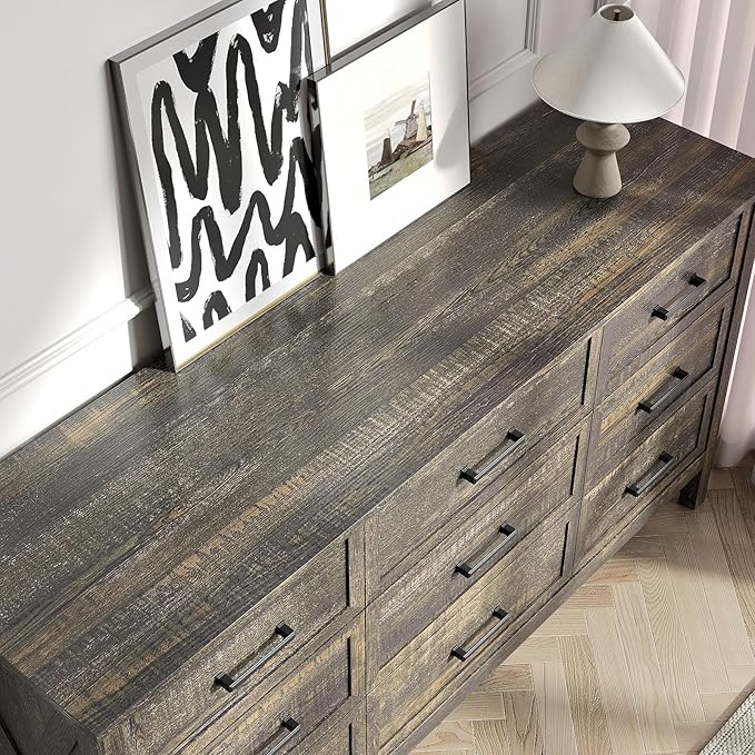Farmhouse 9 Drawers Dresser for Bedroom, Wood Rustic Wide Chest with Natural Texture, Farmhouse Chest of Drawers for Bedroom, Hallway, Entryway, Dark Brown