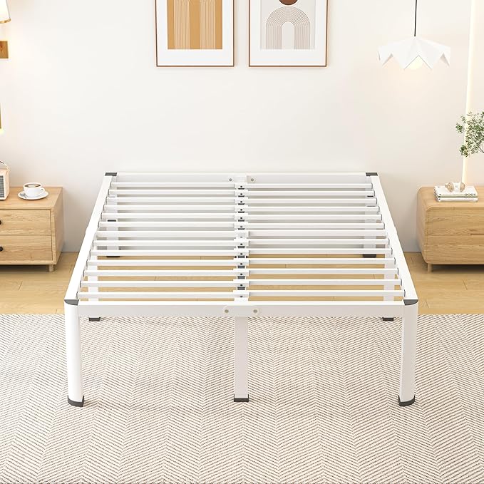 14 Inch Full Bed Frame, Metal Platform Bed Frame with Round Corner Legs, 3500 lbs Heavy Duty Steel Slats Support, No Box Spring Needed, Noise Free, Easy Assembly, White