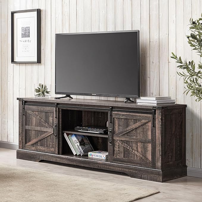 T4TREAM Farmhouse TV Stand for 75 Inch TV, Rustic Entertainment Center w/Sliding Barn Door, Large Media Console Cabinet w/Storage Shelves, Wood Television Stand for Living Room, Dark Rustic Oak