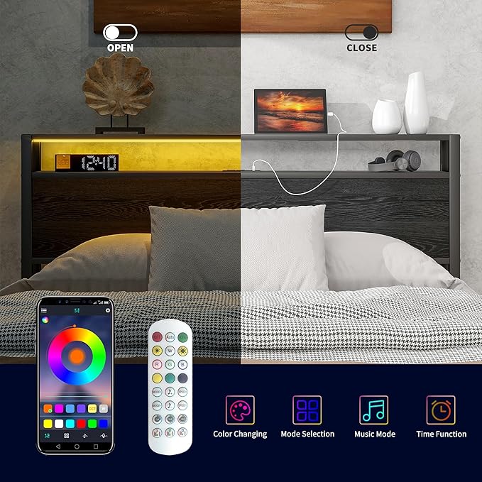 Full Size Bed Frame with Storage Headboard/LED Lights, Metal Bed Frame with Charging Station, Platform Bed Frame No Box Spring Needed, Heavy Duty Metal Slats Support, Black