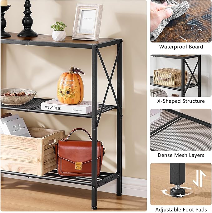 Hoctieon Industrial Console Table, 3-Tier Entryway Tables, Metal Frame, Sofa Table with Shelf, Hallway Tables, Entrance Desk for Entryway, Living Room, Foyer, Hallway, Rustic Brown&Black