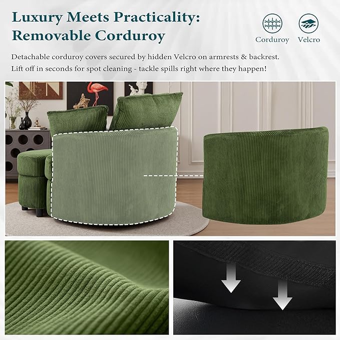 Swivel Accent Chair with Ottoman Comfy Reading Chairs for Bedroom Modern Corduroy Arm Chair 360°Swivel Barrel Chairs for Living Room,Apartment (Green, 1)