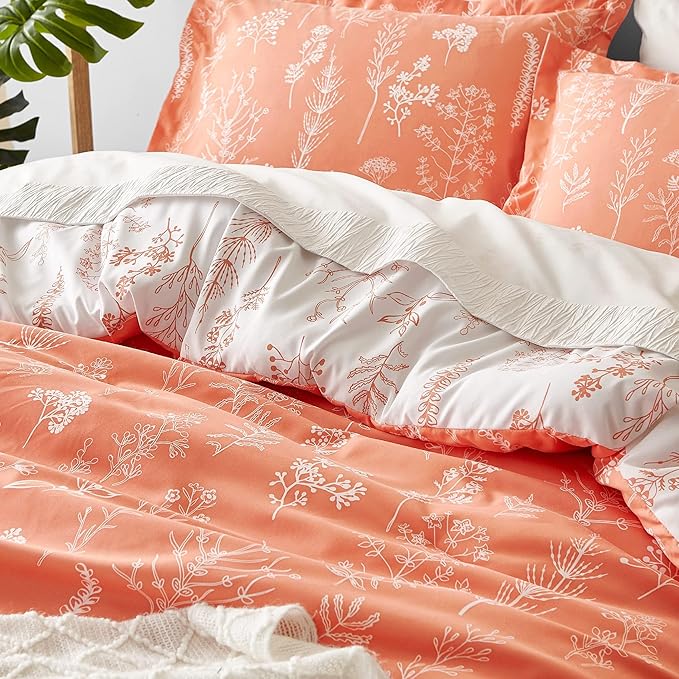 Bedsure King Comforter Set - Coral Orange Bed Set, 3 Pieces Cute Floral Bedding, 1 Soft Reversible Botanical Flowers Comforter and 2 Pillow Shams