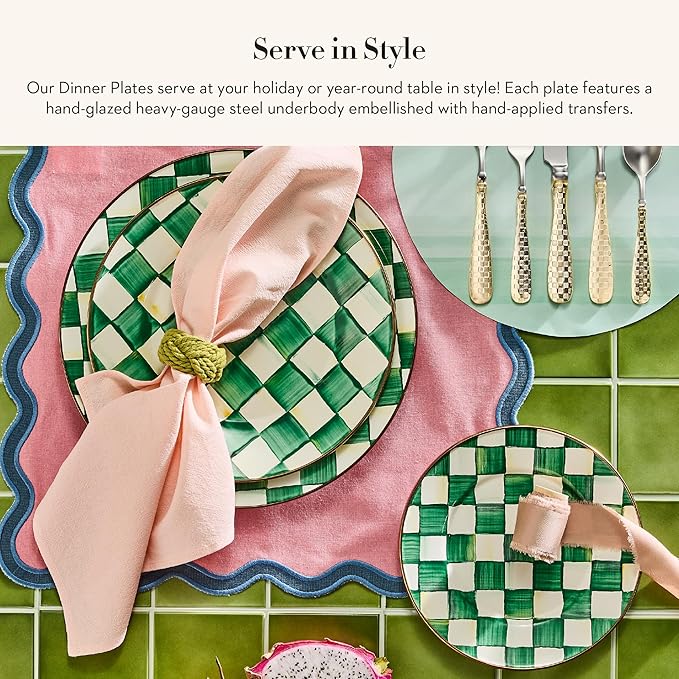 MACKENZIE-CHILDS Enamel Dinner Plate, Decorative Dinnerware Plate, 10 Inches, Green-and-White Emerald Check