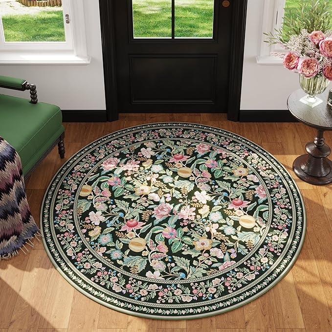 Round Rug 4ft Washable Circle Rug Non Slip Low Pile Vintage Floral Small Circular Rug for Bedroom, Bathroom, Entryway, Kids Room, Office, Green