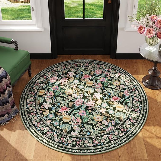 Round Rug 4ft Washable Circle Rug Non Slip Low Pile Vintage Floral Small Circular Rug for Bedroom, Bathroom, Entryway, Kids Room, Office, Green