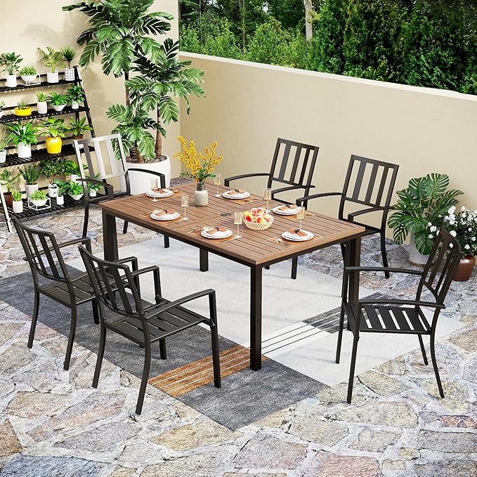 PHI VILLA 7 Pieces Outdoor Dining Set for 6, 65” Wood-Like Metal Steel Dining Table & Stackable Iron Dining Chairs, Large Dining Furniture Set for Patio, Deck, Yard, Porch