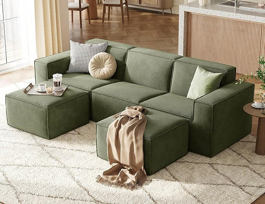 LINSY HOME Modular Sectional Sofa, 105" Boneless Couch U Shaped 3-Seat Sofa with 2 Ottomans, Corduroy Sectional Cloud Couches for Living Room, No Assembly Required, Green