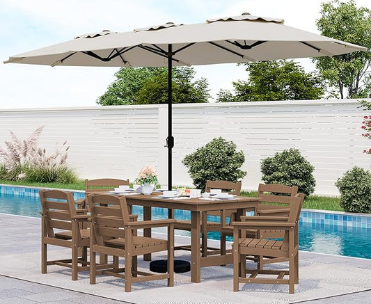 SERWALL 8-Piece Patio Dining Sets with 15FT Double Side Patio Umbrella, Outdoor HDPE Dining Furniture Set with Umbrella Hole Cut-Out Table and 6 Chairs, Brown（Umbreall Base not Included）