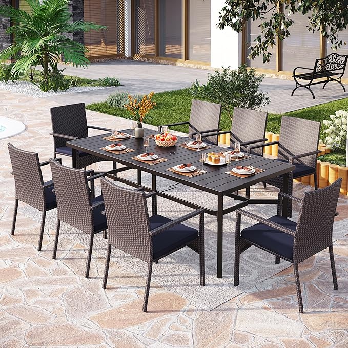 PHI VILLA 9 Pieces Outdoor Dining Set for 8, Rectangle Large Metal IronTable with Umbrella Hole & Cushioned Wicker Chairs, Large Dining Furniture for Patio, Deck, Yard, Porch