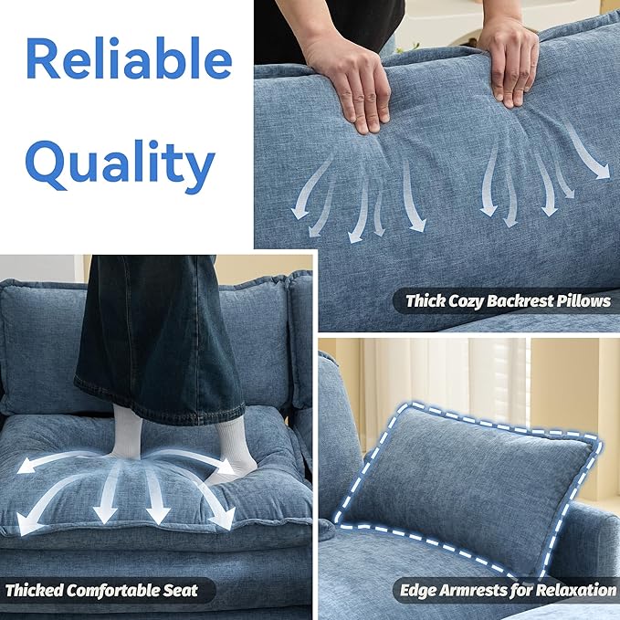 147'' Sectional Cloud Deep Seat Couch, Oversized Chenille U Shaped Sectional Sofa for Living Room Set, Comfy Upholstered Modular Sectional Sofa Couch with 2 Movable Ottoman, Blue