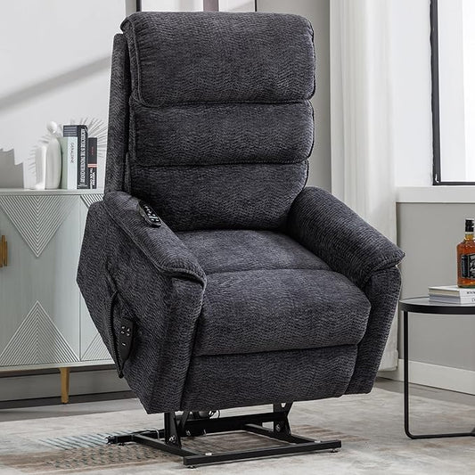 Lay Flat Lift Chair with Heat and Massage, Dual Motor Recliner, Infinite Position, Up to 350 LBS, Dark Grey, Chenille Fabric
