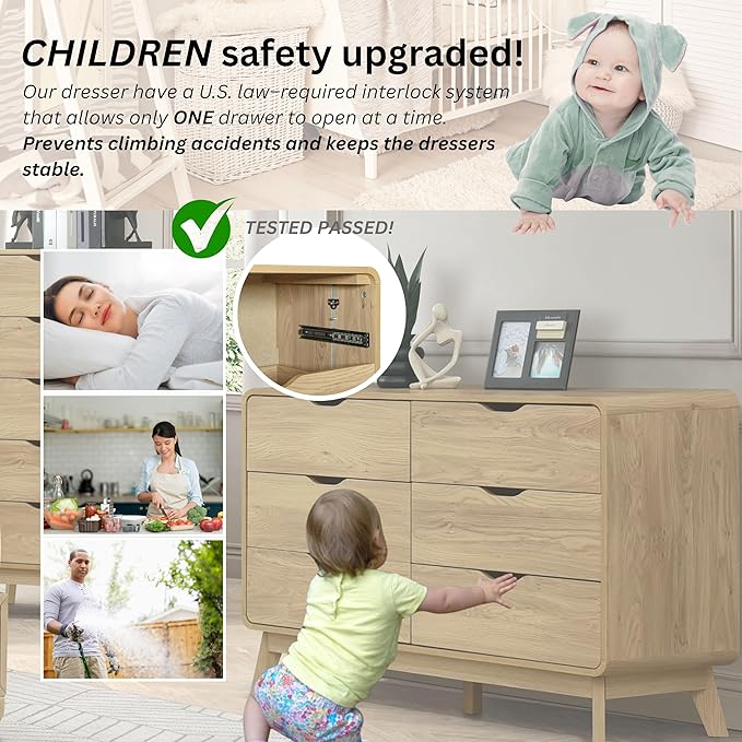 Meadow 6 Drawer Dresser for Bedroom, 47.2″ W Modern Wide Chest of Drawers, Wood Storage Organizer for Clothes, Entryway, Hallway, Nursery or Living Room, Oak