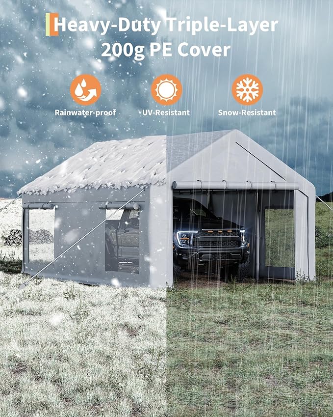 12X20 Ft Carport, Portable Carport with 4 Roll-Up Windows,Doors,Car Port with 200g PE Tarp for Car Boat Truck Motorcycle, Waterproof & UV Protected, Anti-Snow Portable Garage Kit Tent
